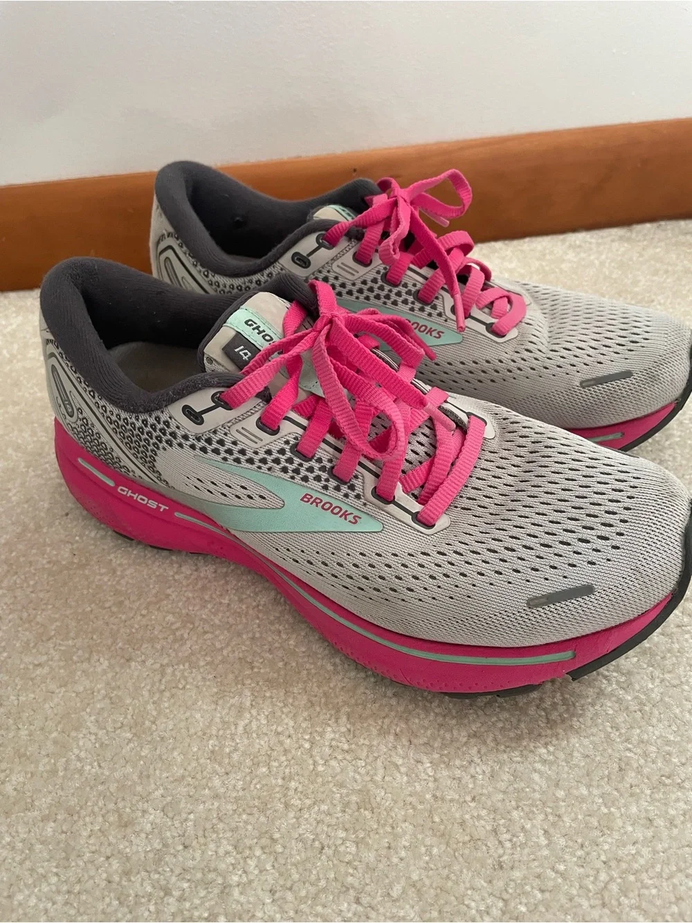 Brooks Ghost Women's Running Shoes - Gray with Pink and Mint Accents